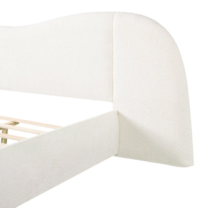 King Size Upholstered Bed Frame With Boucle Fabric Curved And Wide Headboard