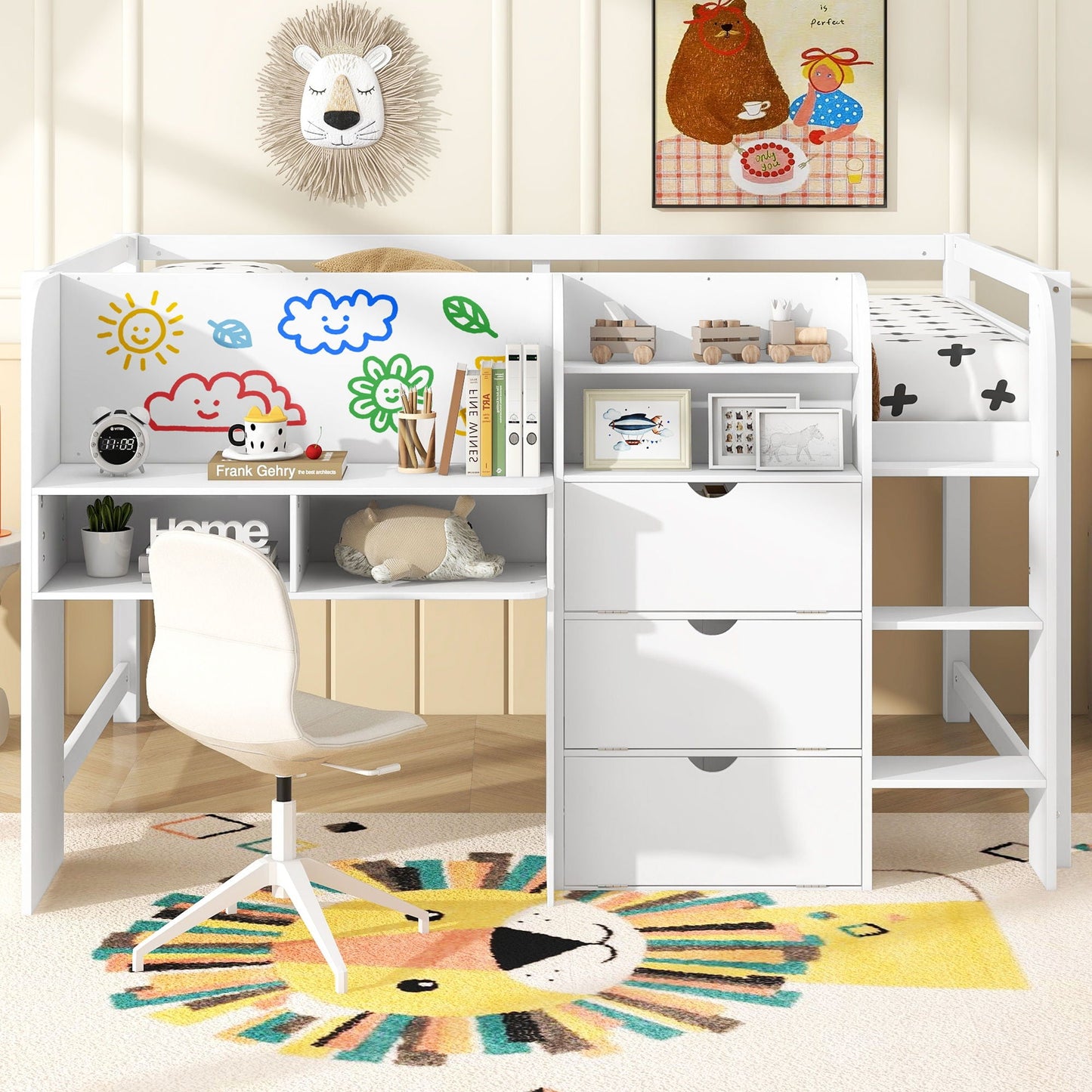 Low Loft Bed With Built In Desk, Storage Cabinets, Open Bookcase And Doodle board