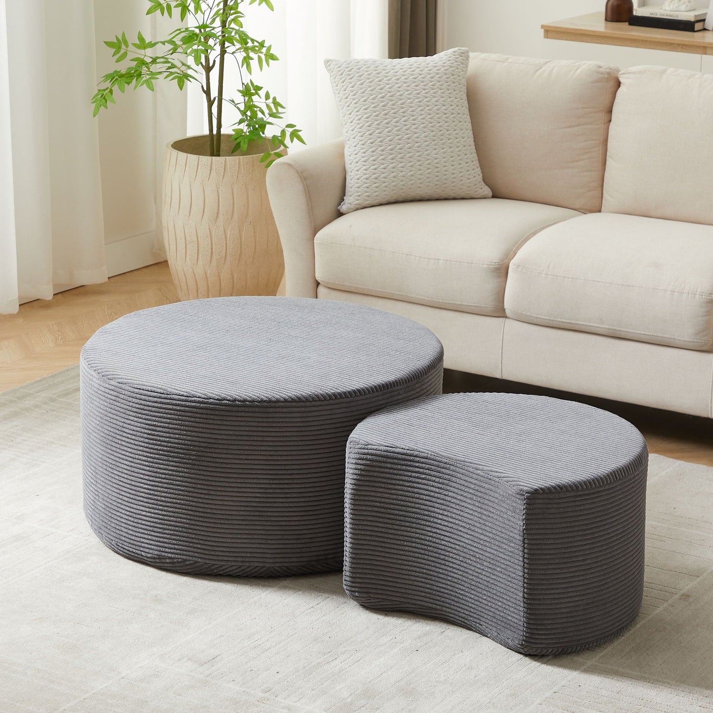 Modern Upholstered Round Coffee Table For Living Room (Set of 2)