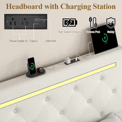 Upholstered Bed Frame With LED Lights, 4 Storage Drawers, Charging Station