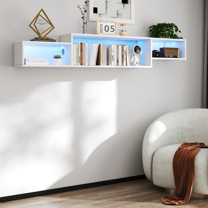 65.35in Wall Mounted Floating TV Stand with 20 Color LEDs and Charging Station