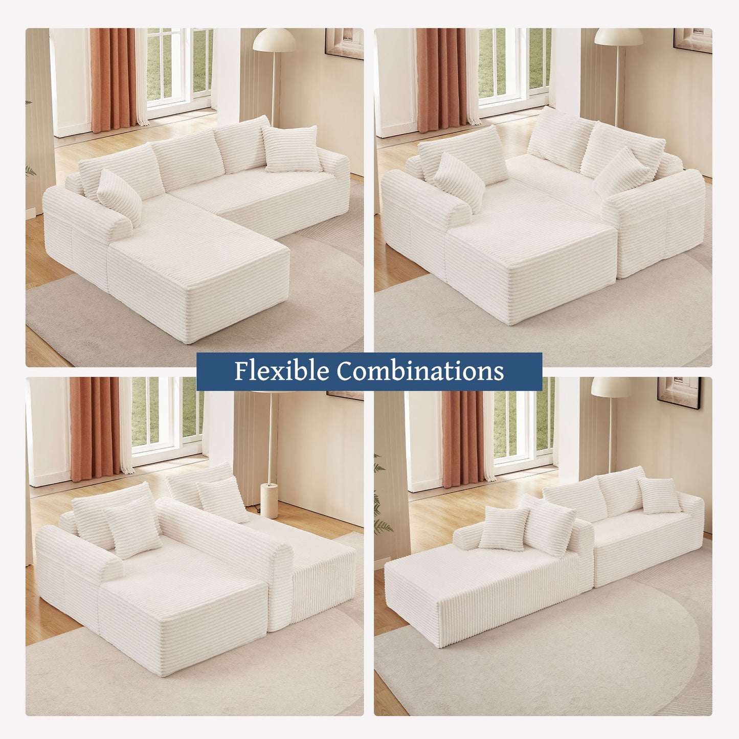 Modular Sectional With Arched Armrests, Includes 3 Back Cushions & 2 Throw Pillows