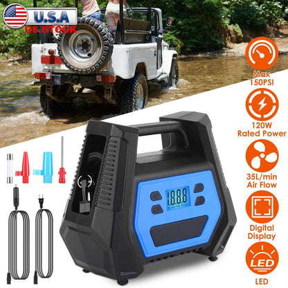 Portable Tire Inflator 150 PSI 120W Max Power Tire Pump with Digital Display LED Light Inflatable Nozzle Needle Fuse Air Compressor for Bikes Motorbik