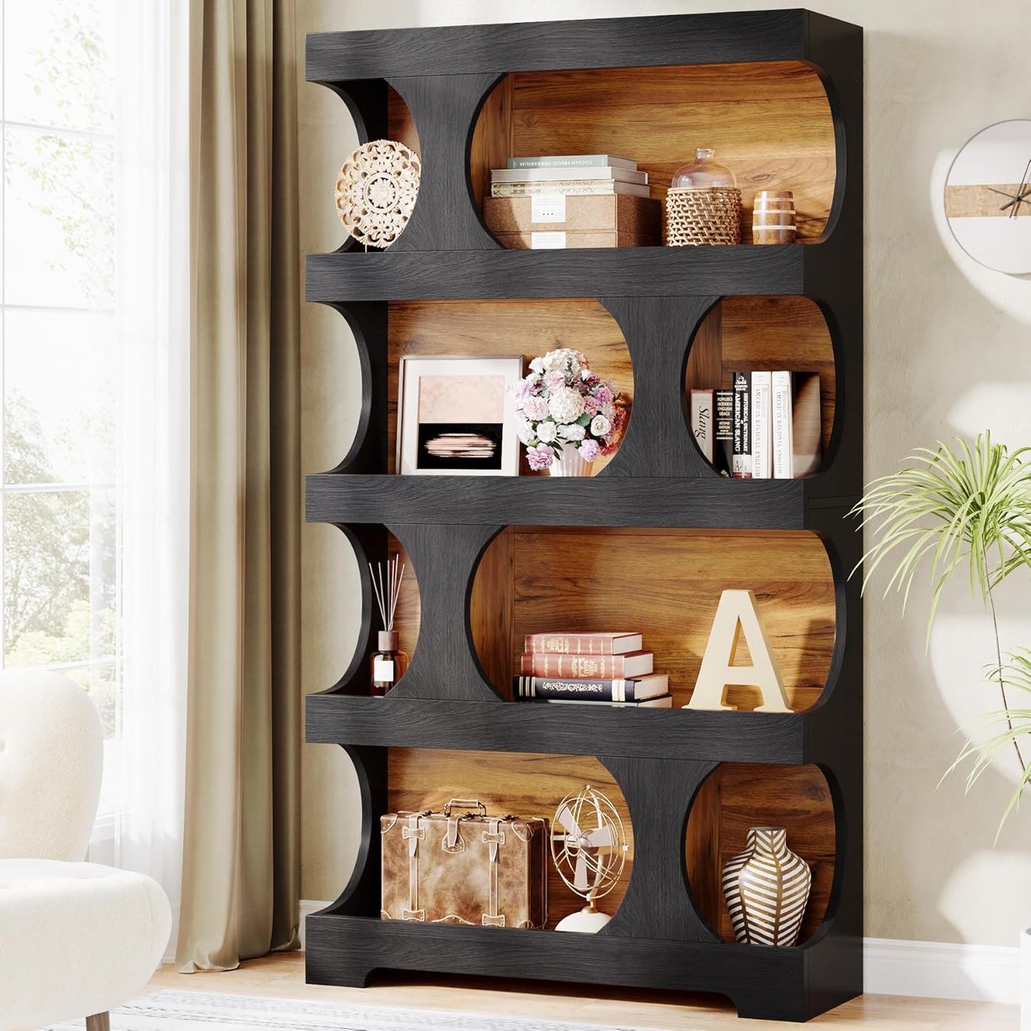 4 Tier S-Shaped Freestanding Storage Shelf For Living Room - Black / Brown