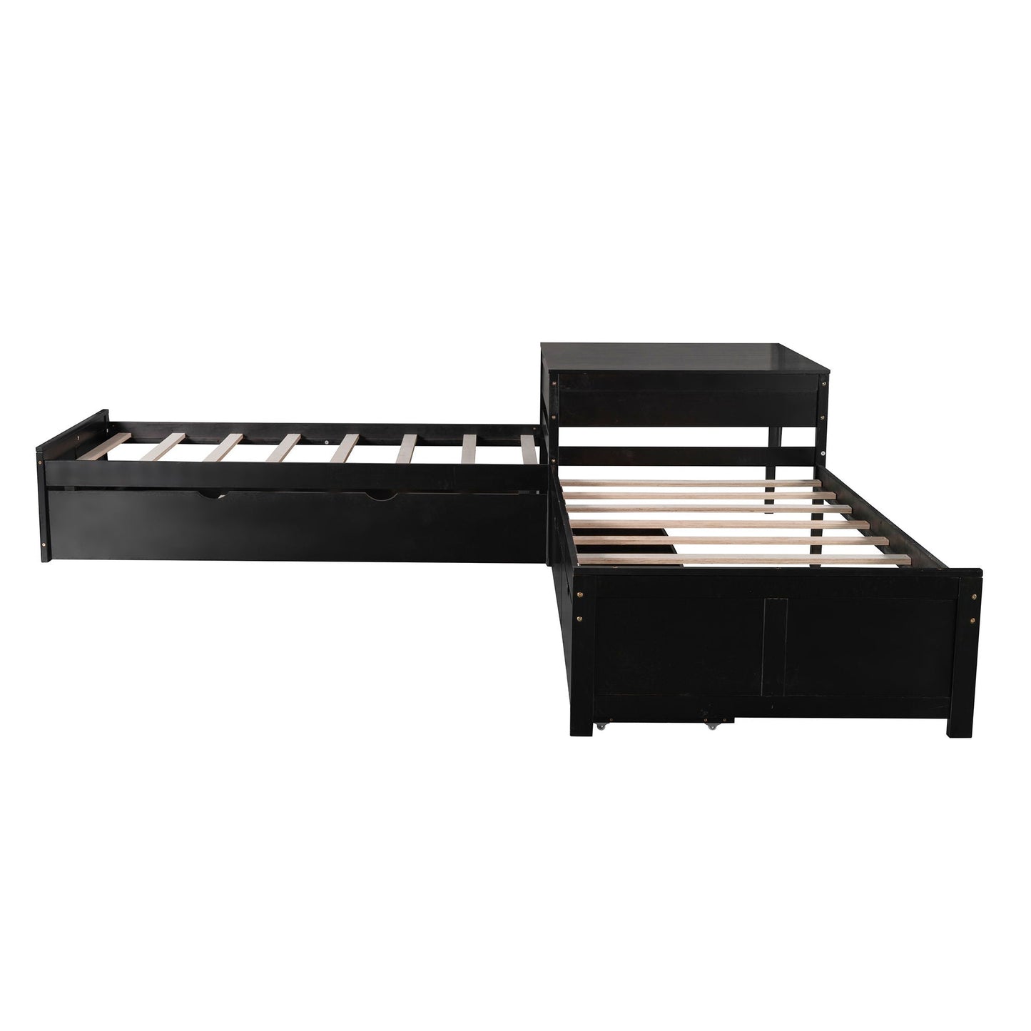 L Shaped Platform Bed With Trundle And Drawers Linked With Built In Desk
