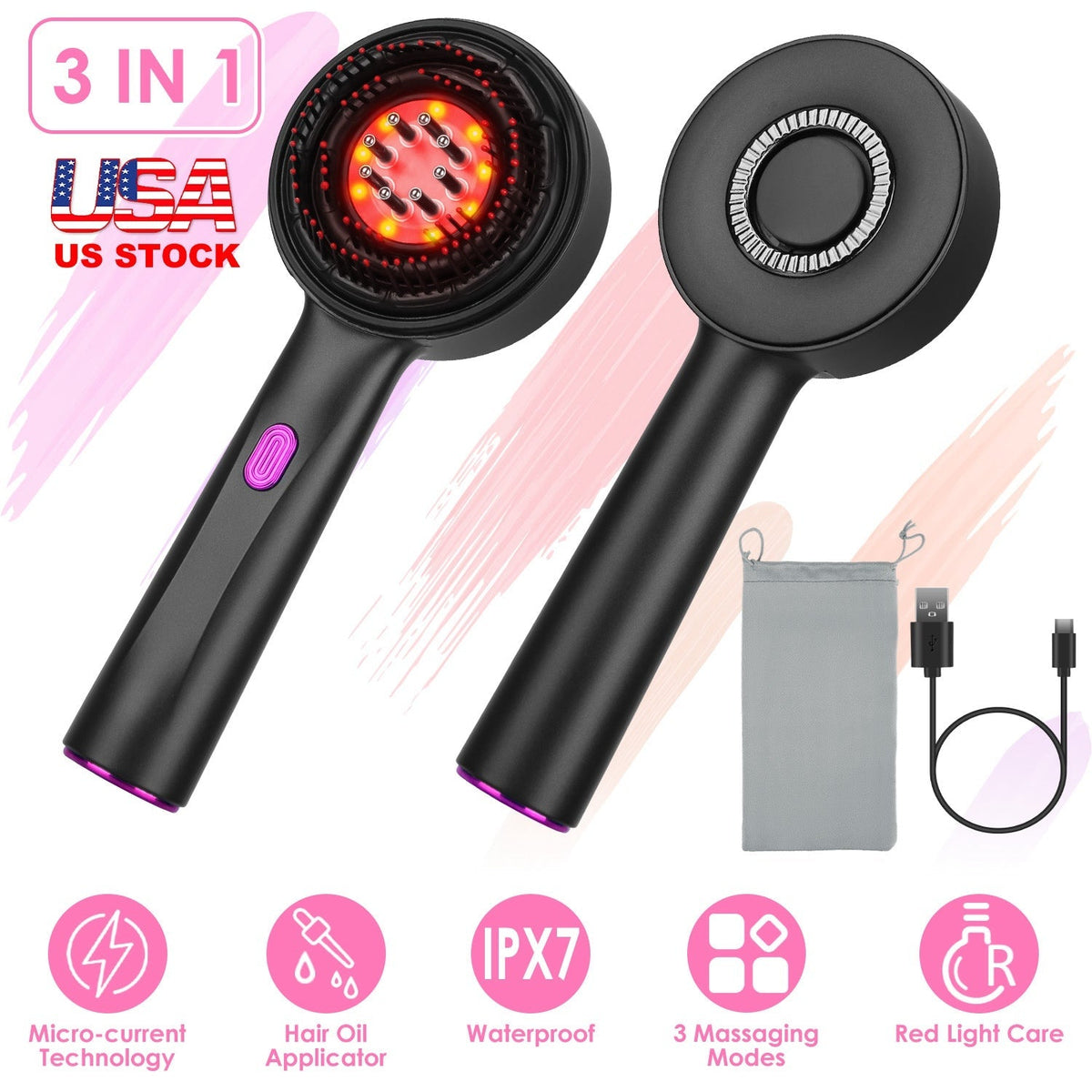 3 In 1 Red Light Scalp Massager Brush Cordless Hair Oil Applicator Massage Comb with 3 Modes Rechargeable IPX7 Waterproof