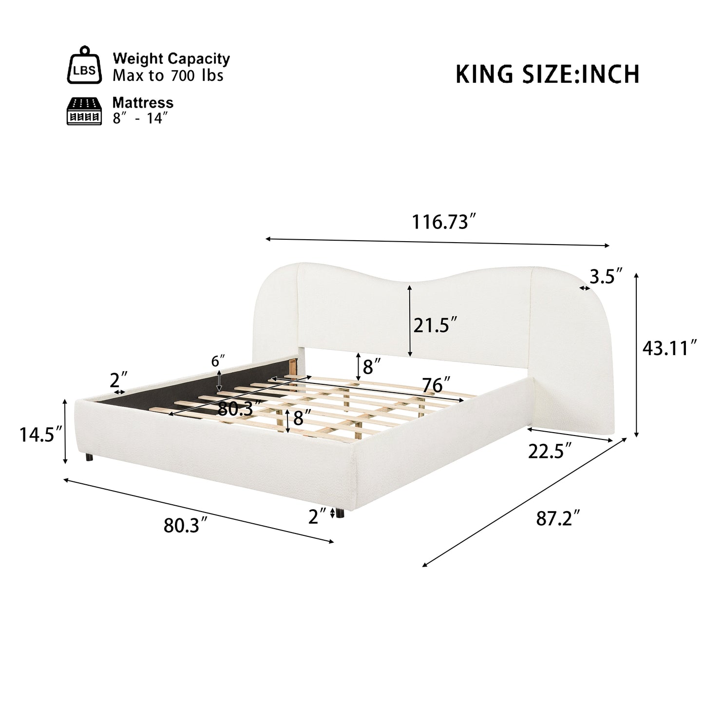King Size Upholstered Bed Frame With Boucle Fabric Curved And Wide Headboard