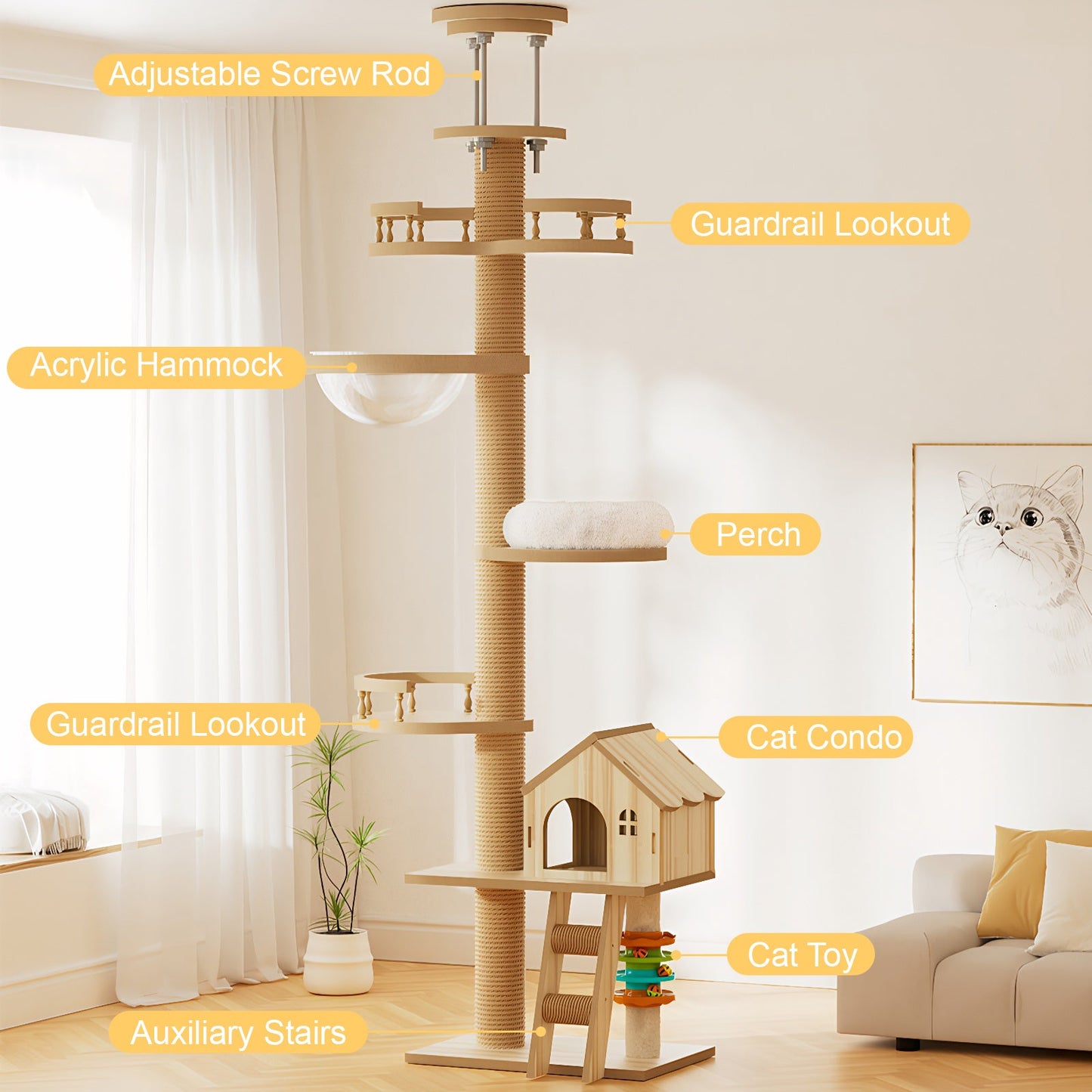 Floor to Ceiling Cat Tree with Adjustable Height and Condo Cave Bed