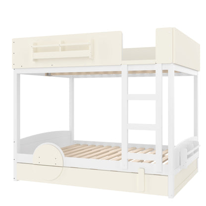 Full Bunk Bed with Trundle, Wood Bunk Bed Frame with Bookshelf