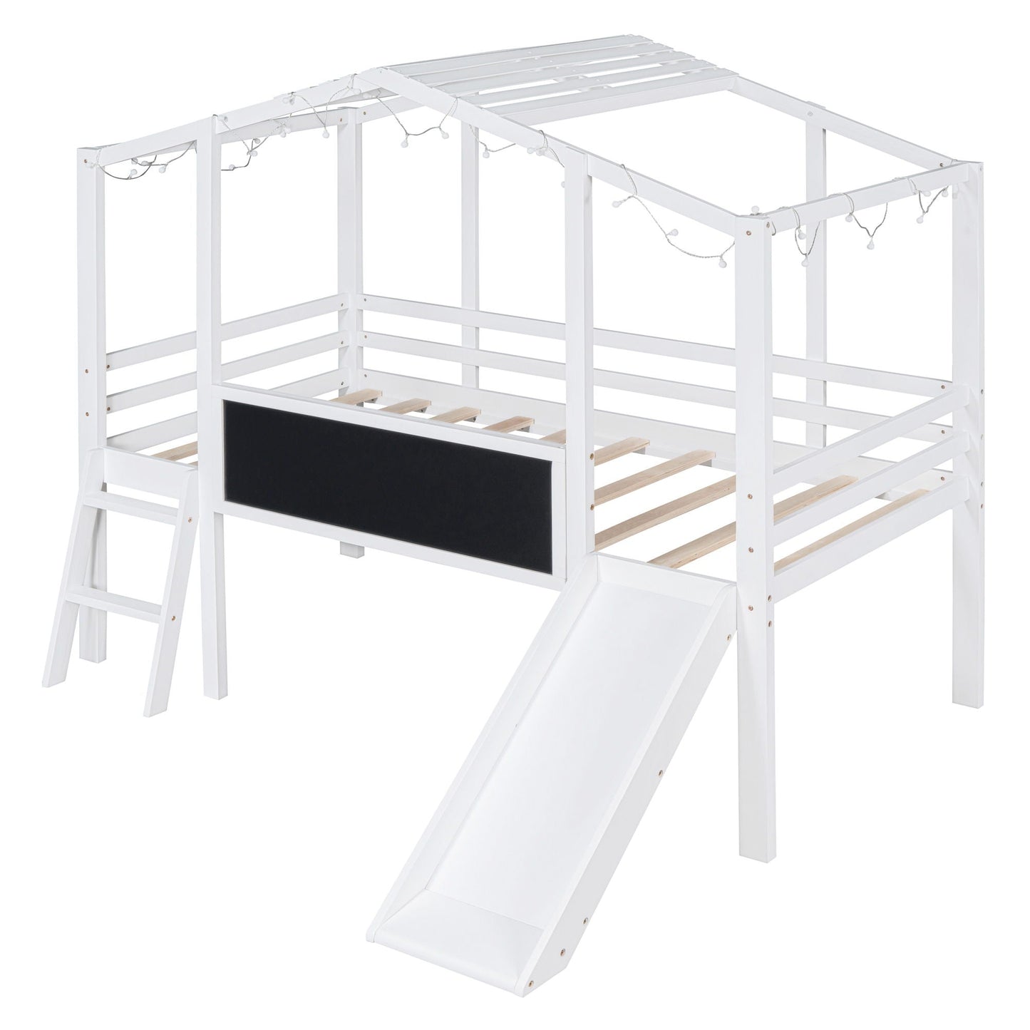 Loft House Bed With Ladder And Slide, With board And Light Strip On The Roof