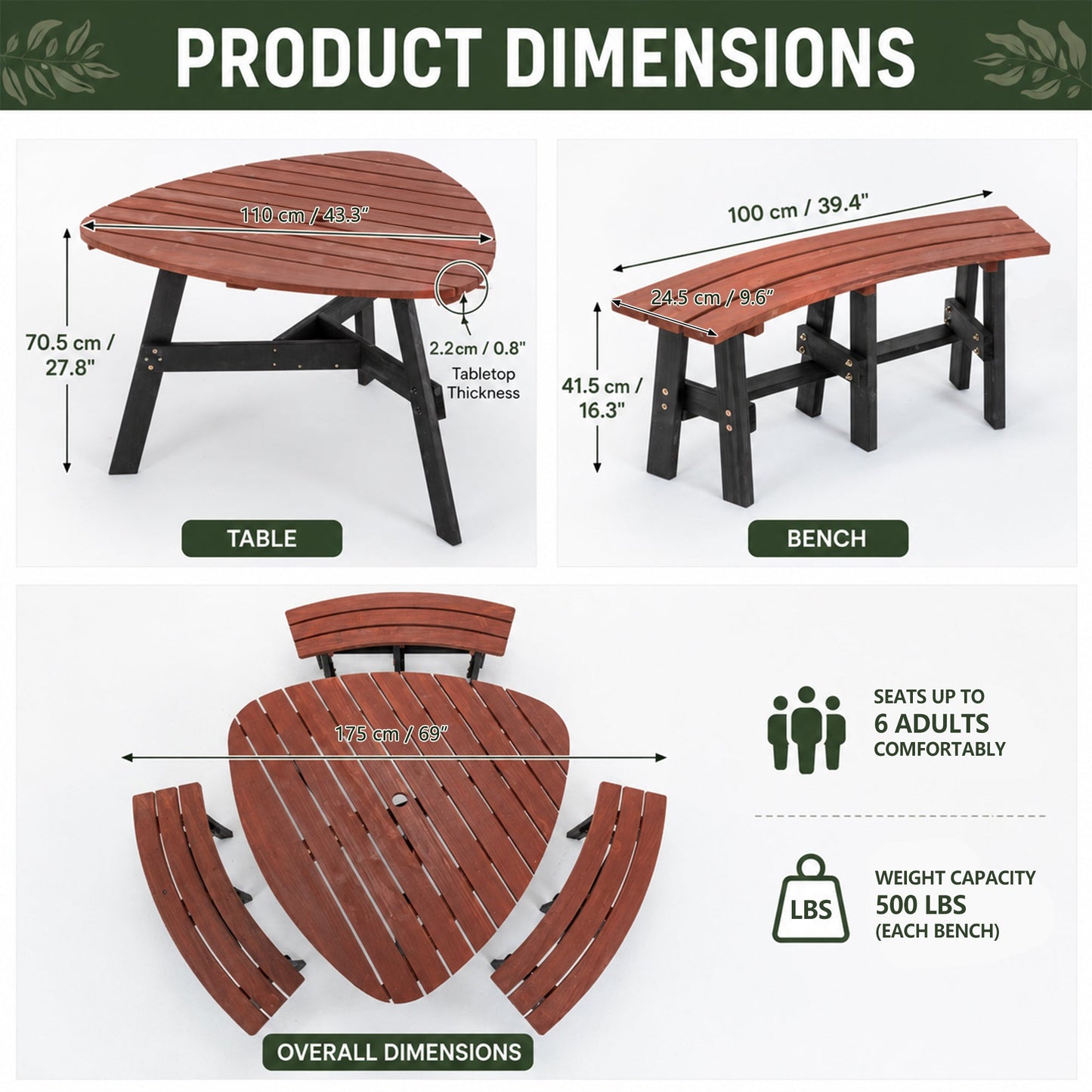 6-Person Semi-Circular Outdoor Solid Fir Wood Picnic Table Set, Rustic