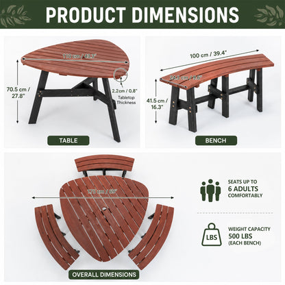 6-Person Semi-Circular Outdoor Solid Fir Wood Picnic Table Set, Rustic