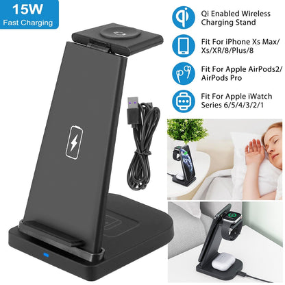 3-in-1 Wireless Qi Enabled Charger Dock 15W Fast Charging Station For iPhone Apple iWatch Series 6/5/4/3/2/1 AirPods 2 AirPods Pro Fit For iPhone Xs M
