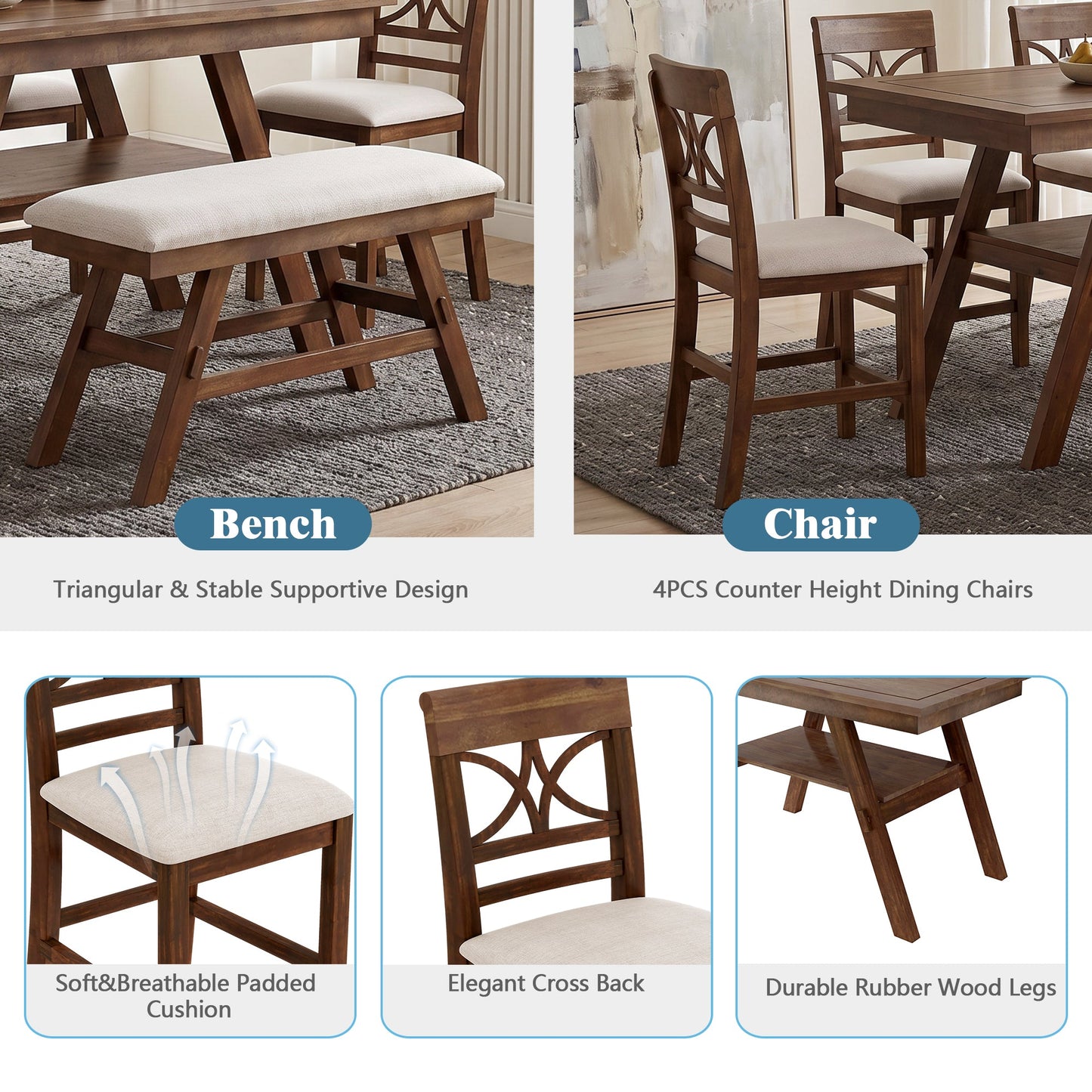 Topmax 6-Piece Wood Counter Height Dining Table Set with Storage Shelf