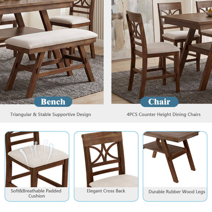 Topmax 6-Piece Wood Counter Height Dining Table Set with Storage Shelf