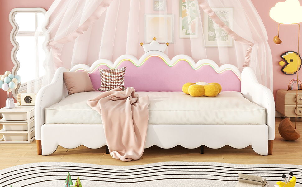 Extending Daybed With LED Lights, Modern Upholstered Princess Daybed With Crown Headboard