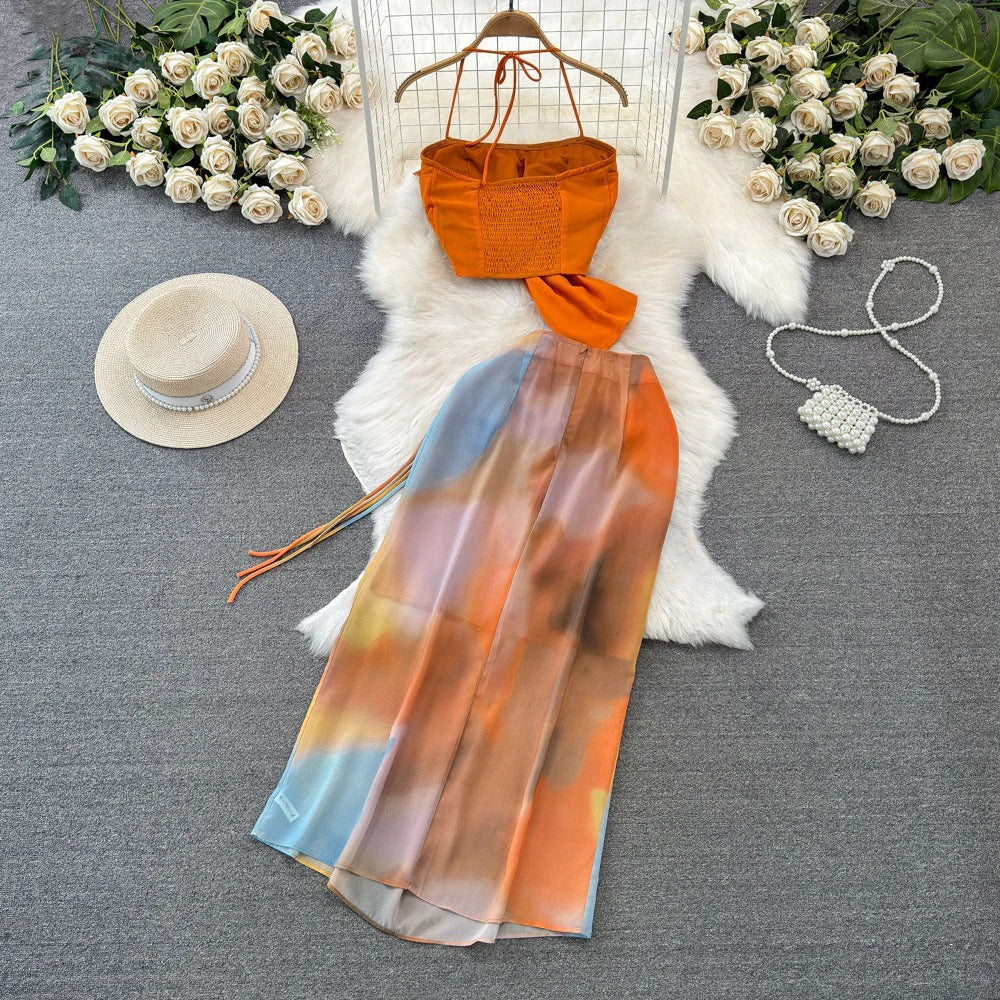 Beach Vacation Fashion Set – Halter Crop Top + High-Waist Tie-Dye Print Skirt, Two-Piece Bikini Cover-Up Coord