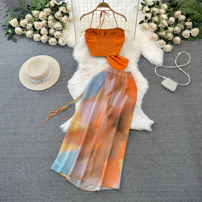 Beach Vacation Fashion Set – Halter Crop Top + High-Waist Tie-Dye Print Skirt, Two-Piece Bikini Cover-Up Coord