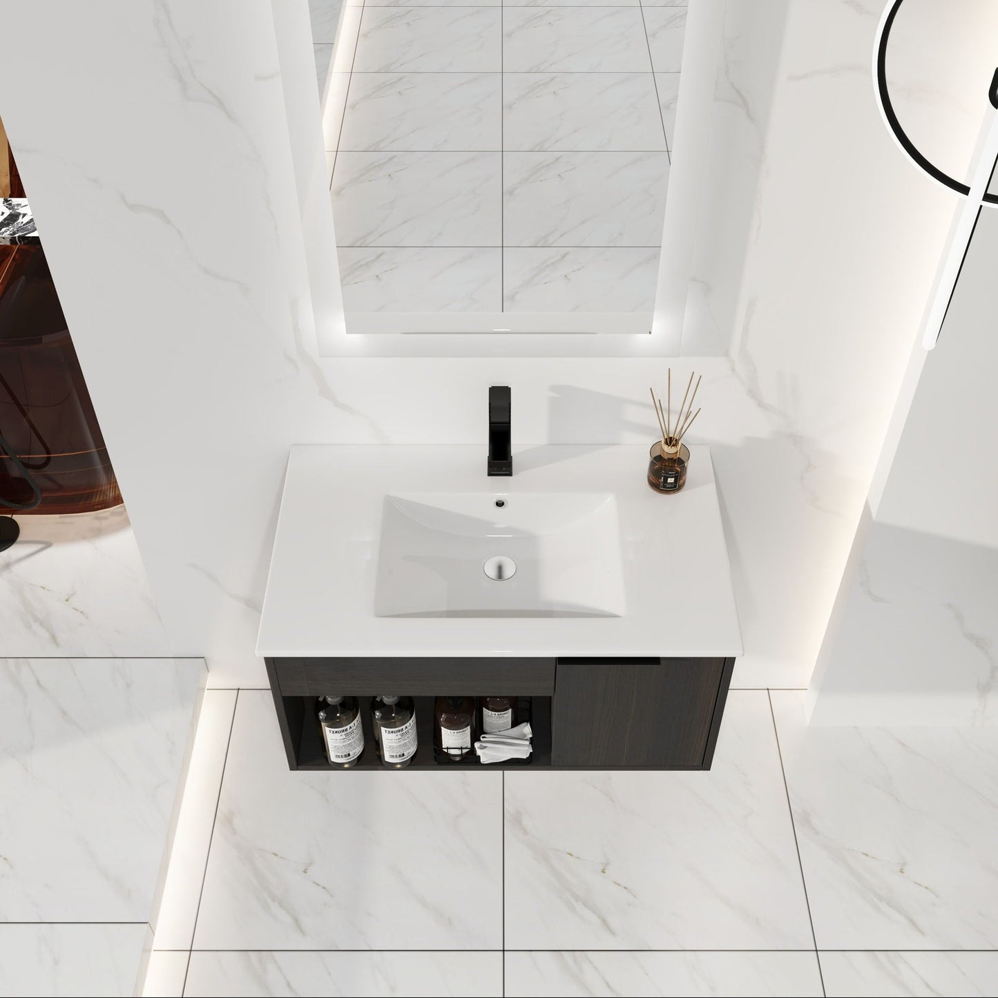 Wall Mounted Floating Bathroom Vanity With Open Shelf & Soft Close Door