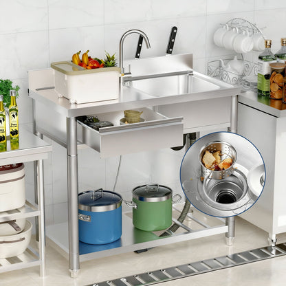 Outdoor Utility Sink With Workbench & Storage Shelf, Freestanding Prep Table With Left Drawer, Garden Patio Sink Station With 360° Hot & Cold Water Faucet - Silver