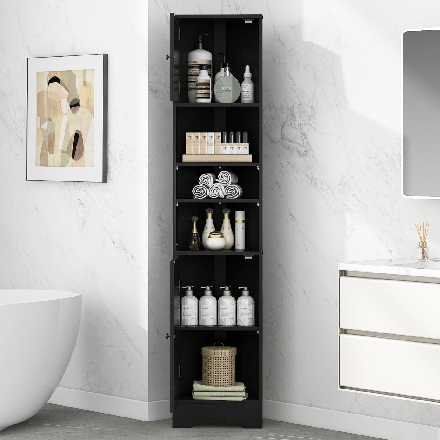 Multi-Functional Corner Cabinet Tall Bathroom Storage Cabinet with Two Doors and Adjustable Shelves, Open Shelf