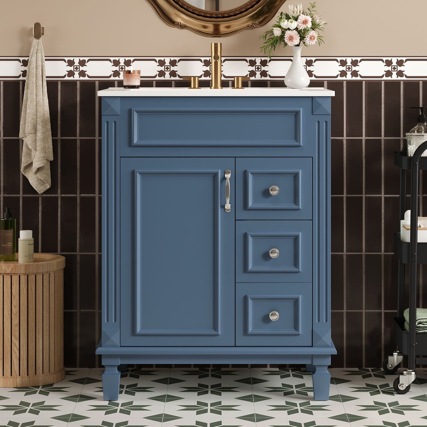 Bathroom Vanity With Ceramic Sink, Compact Cabinet With 2 Drawers And Adjustable Shelf - Blue