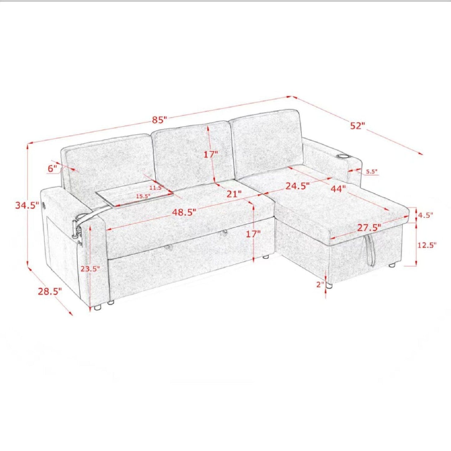 Multi Functional Pull Out Bed Sofa With Retractable Table, LED Lighting, USB Charging Ports & Cup Holders