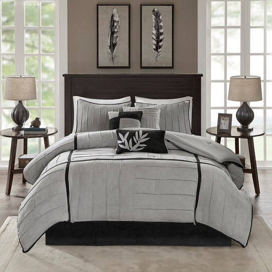 7 Piece Faux Suede Comforter Set Grey Queen