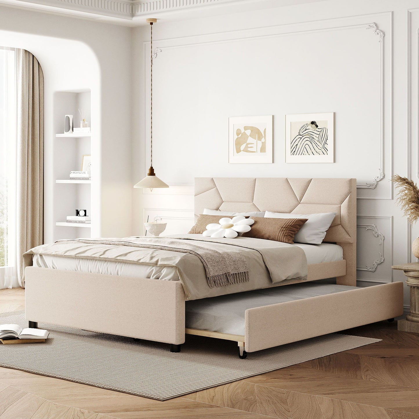 Upholstered Platform Bed With Brick Pattern Headboard And Twin Long Size Trundle