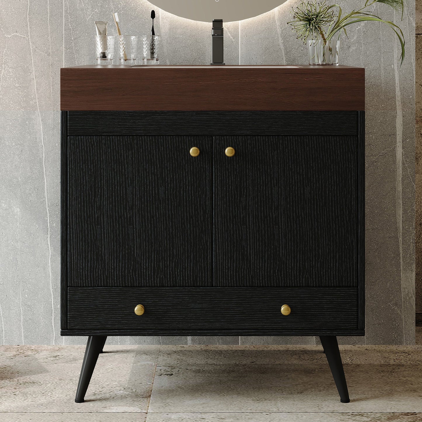 Contemporary Free-standing Bathroom Vanity with Faux Marble Top & Ceramic Sink