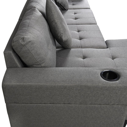 Modern Sectional Sofa Set With L Shape Chaise Lounge, Cup Holder, 4 Seat - Gray