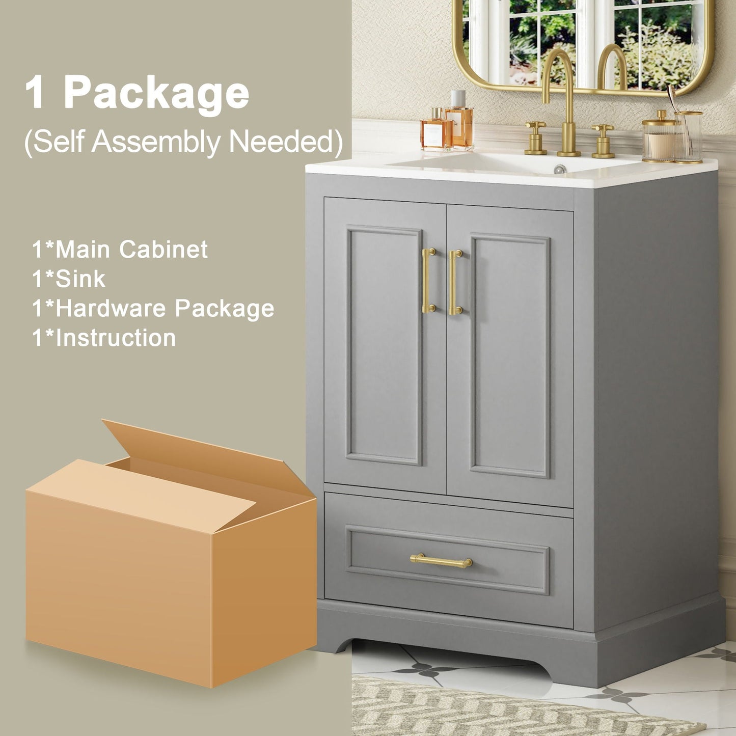 Bathroom Vanity With Sink, 1 Divided Drawer And 2 Soft Close Doors With Double Shelf