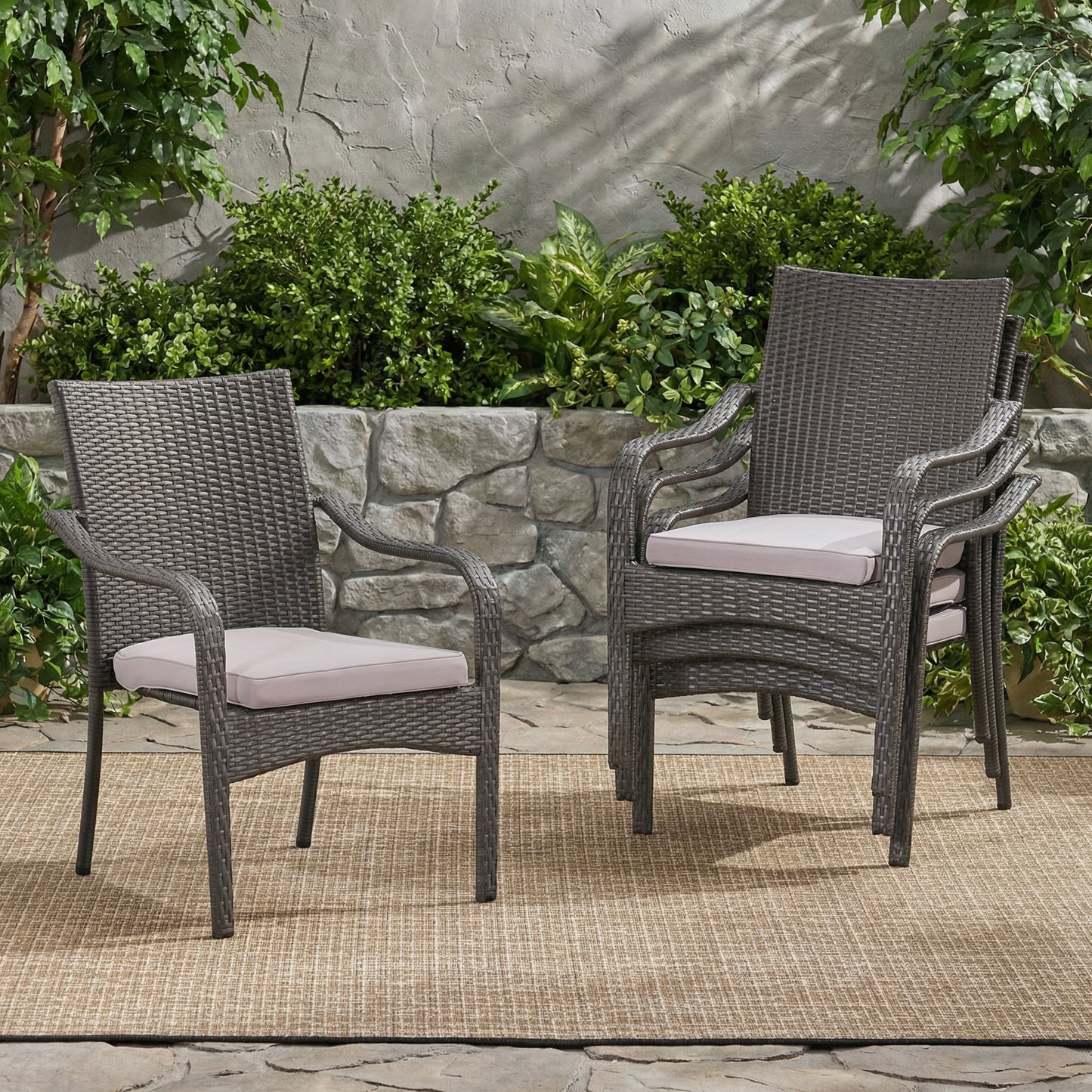 Outdoor PE Rattan Stacking Chair with Iron Frame and Cushions (Set of 4)