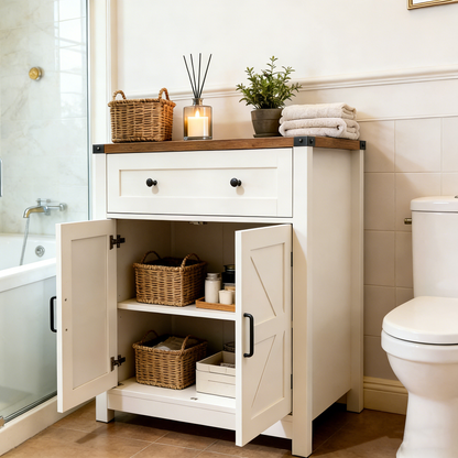 White & Wood-Grain Top Farmhouse Barn-Door Storage Cabinet