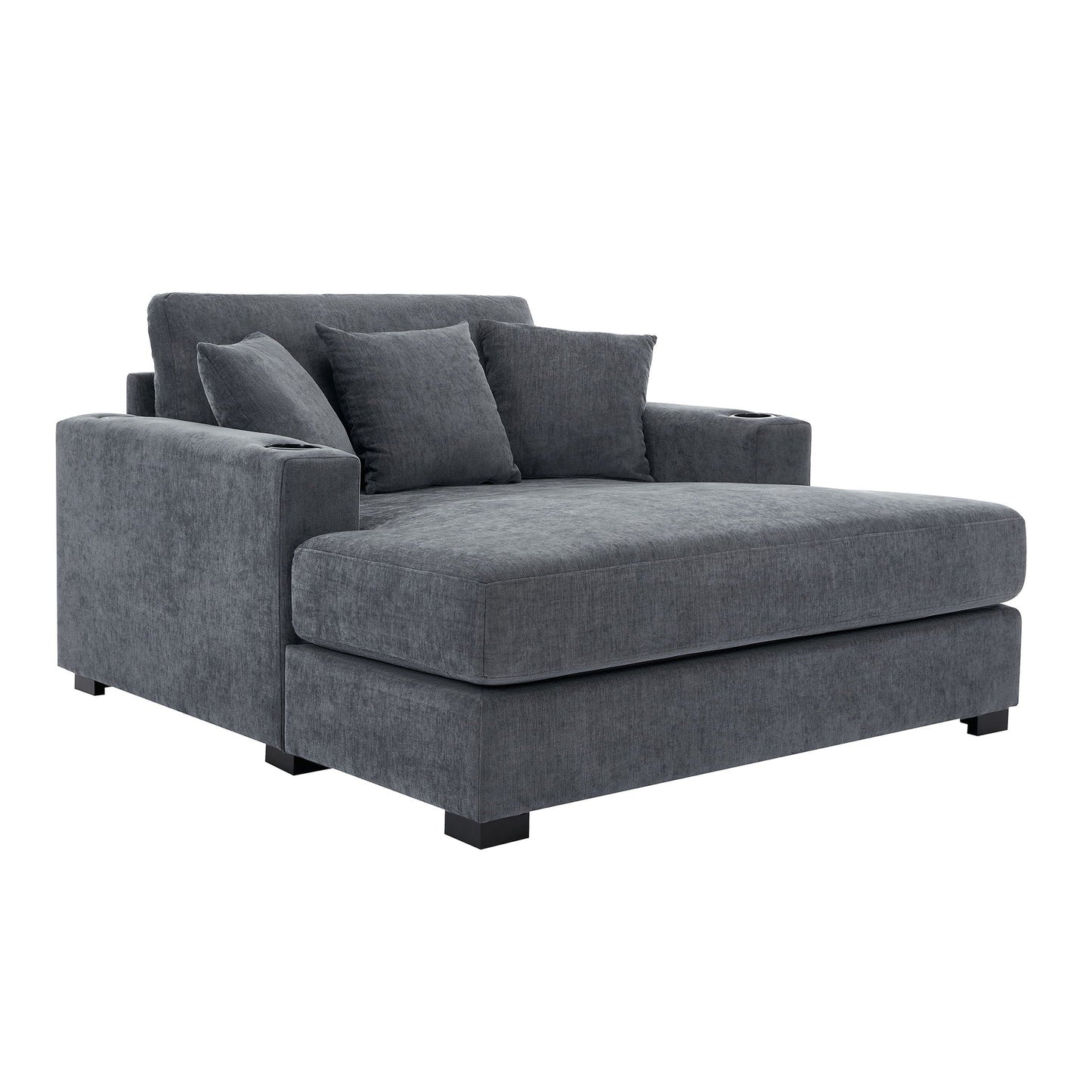 Oversized Chaise Lounger Modern Style Sofa Couch With Pillows, Charge Station & Cup Holders
