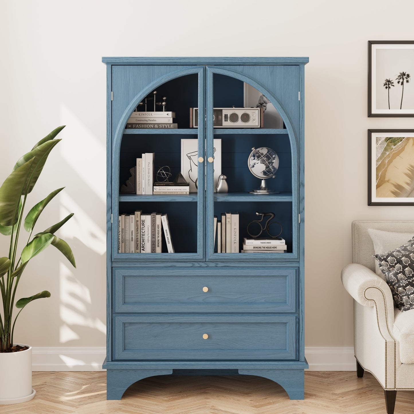 52.17"H Glass Door Display Case Storage Cabinet with 2 Drawers and Adjustable Shelf