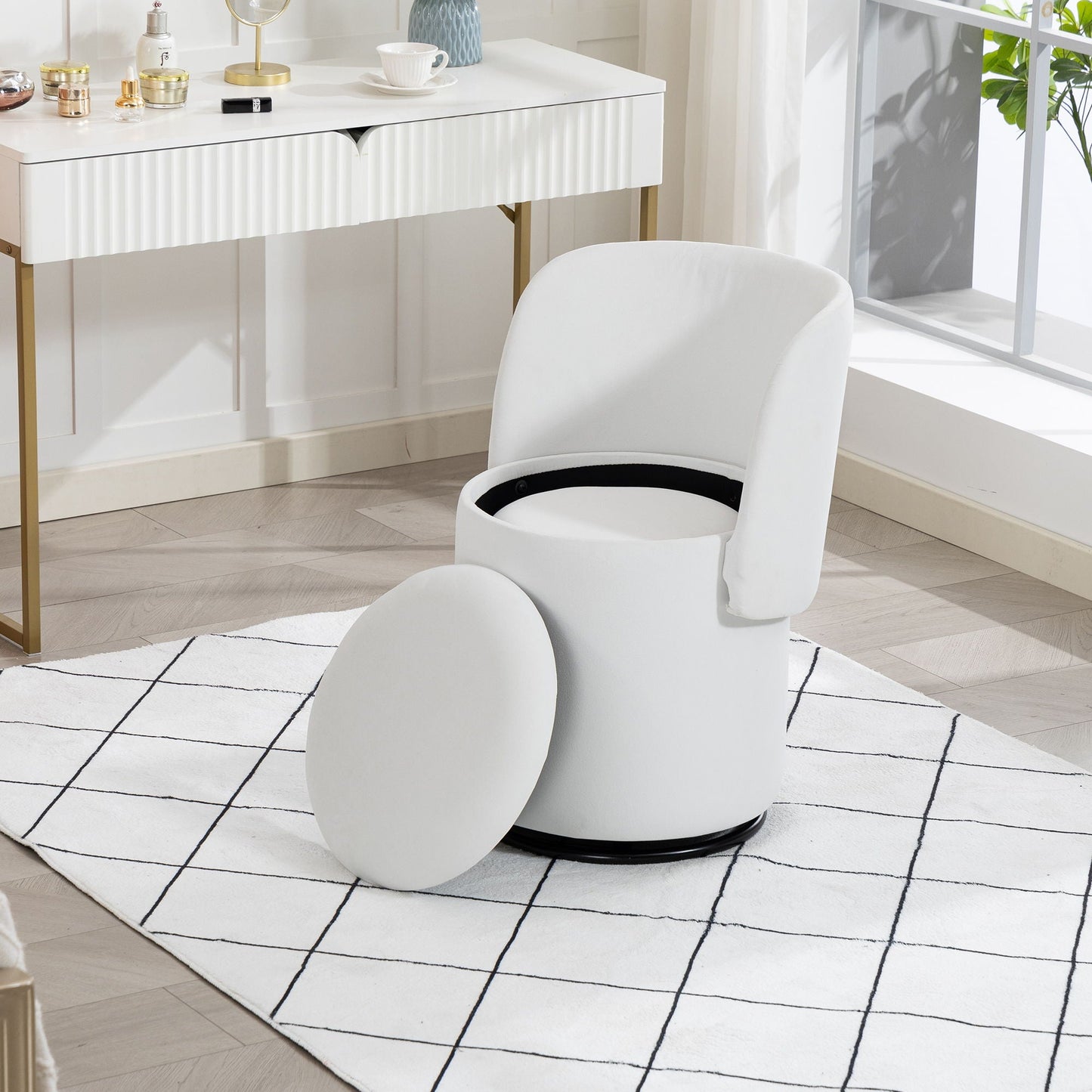 Barrel Chair With Built In Storage, 360° Swivel - Beige