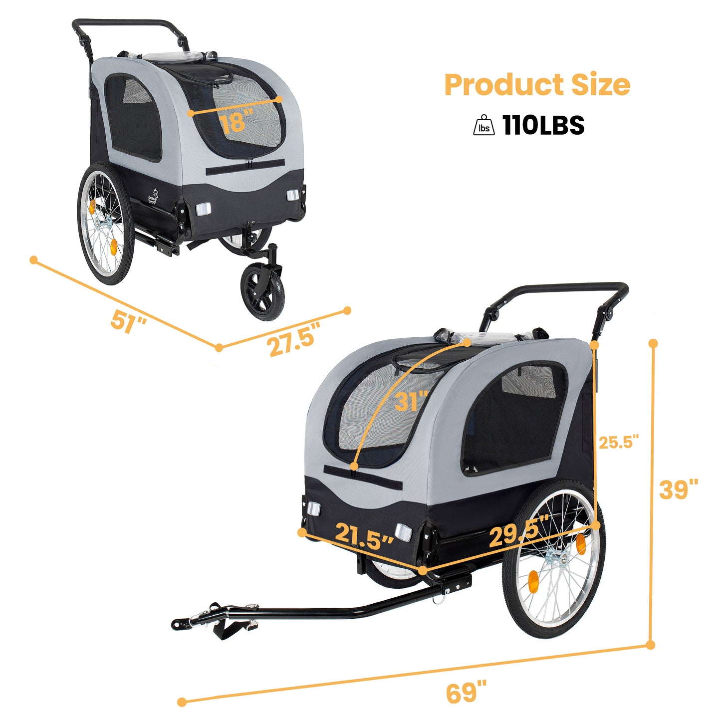 2-in-1 Bike Trailer & Pet Stroller for Dogs up to 110lbs