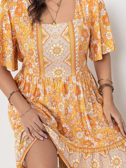 Printed Square Neck Short Sleeve Dress