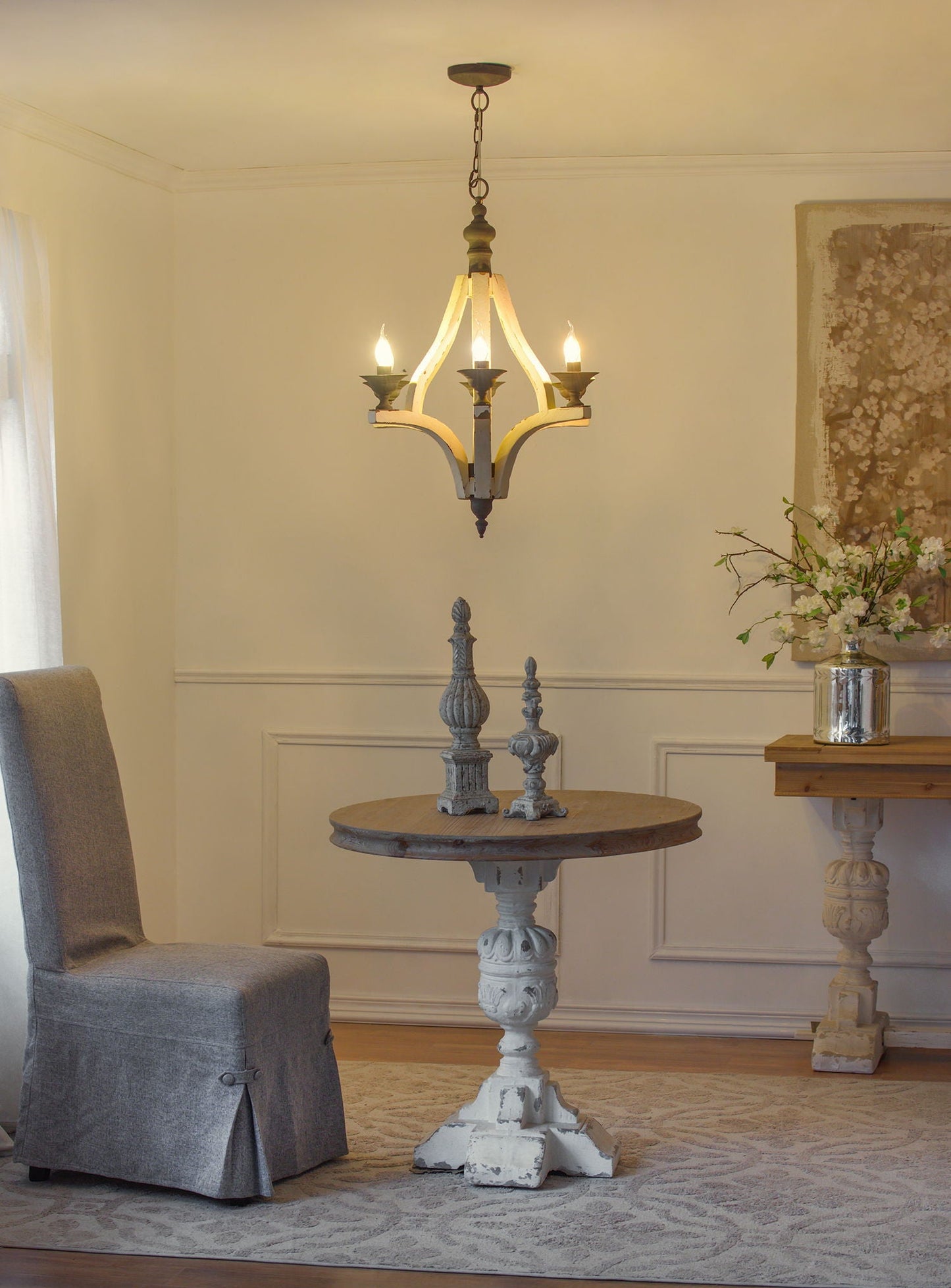 6 Light Wood Chandelier, Hanging Light Fixture With Adjustable Chain For Kitchen, Bulb Not Included - Cream