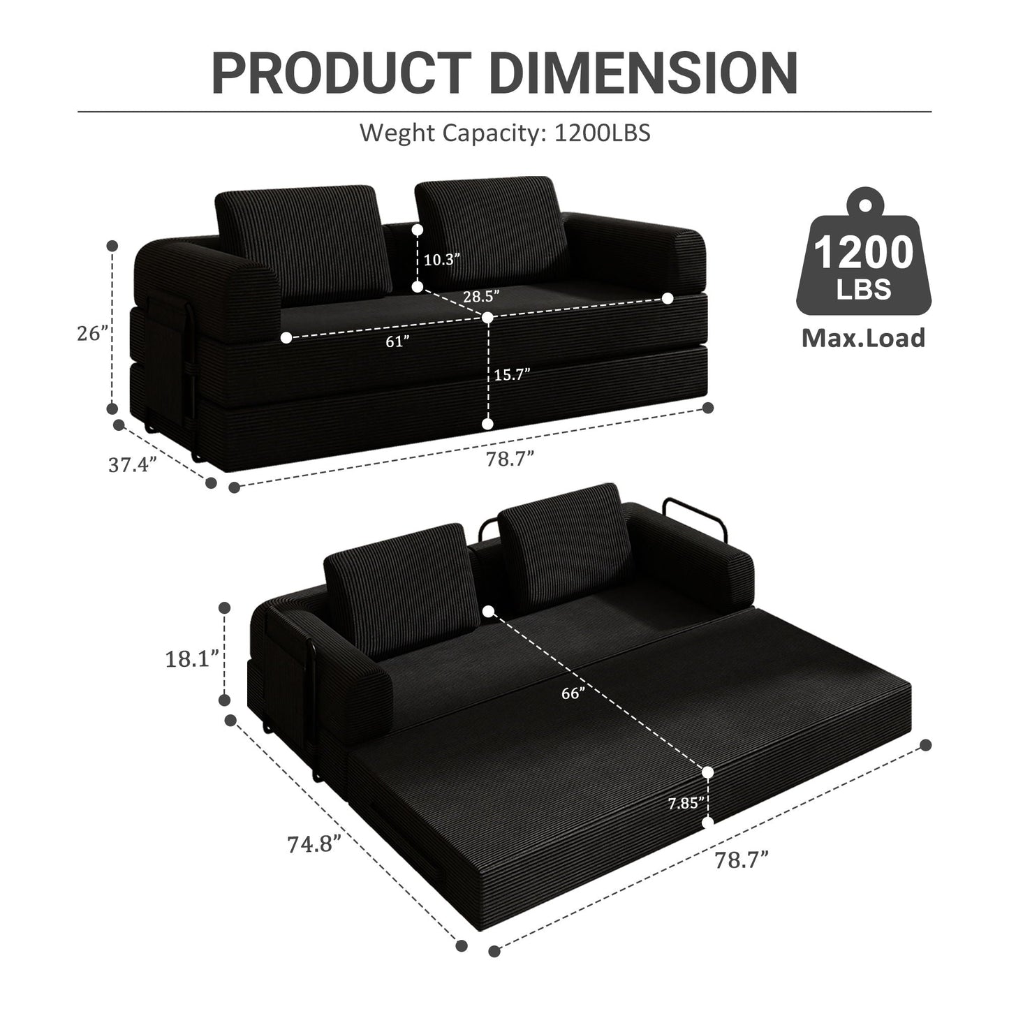 Convertible Sleeper Sofa Bed With Cylindrical Pillow