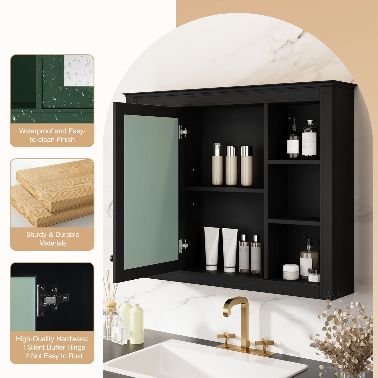 Wall Mounted Medicine Cabinet With Mirror, Storage Cabinet Featuring 6 Open Shelves And Adjustable Interior
