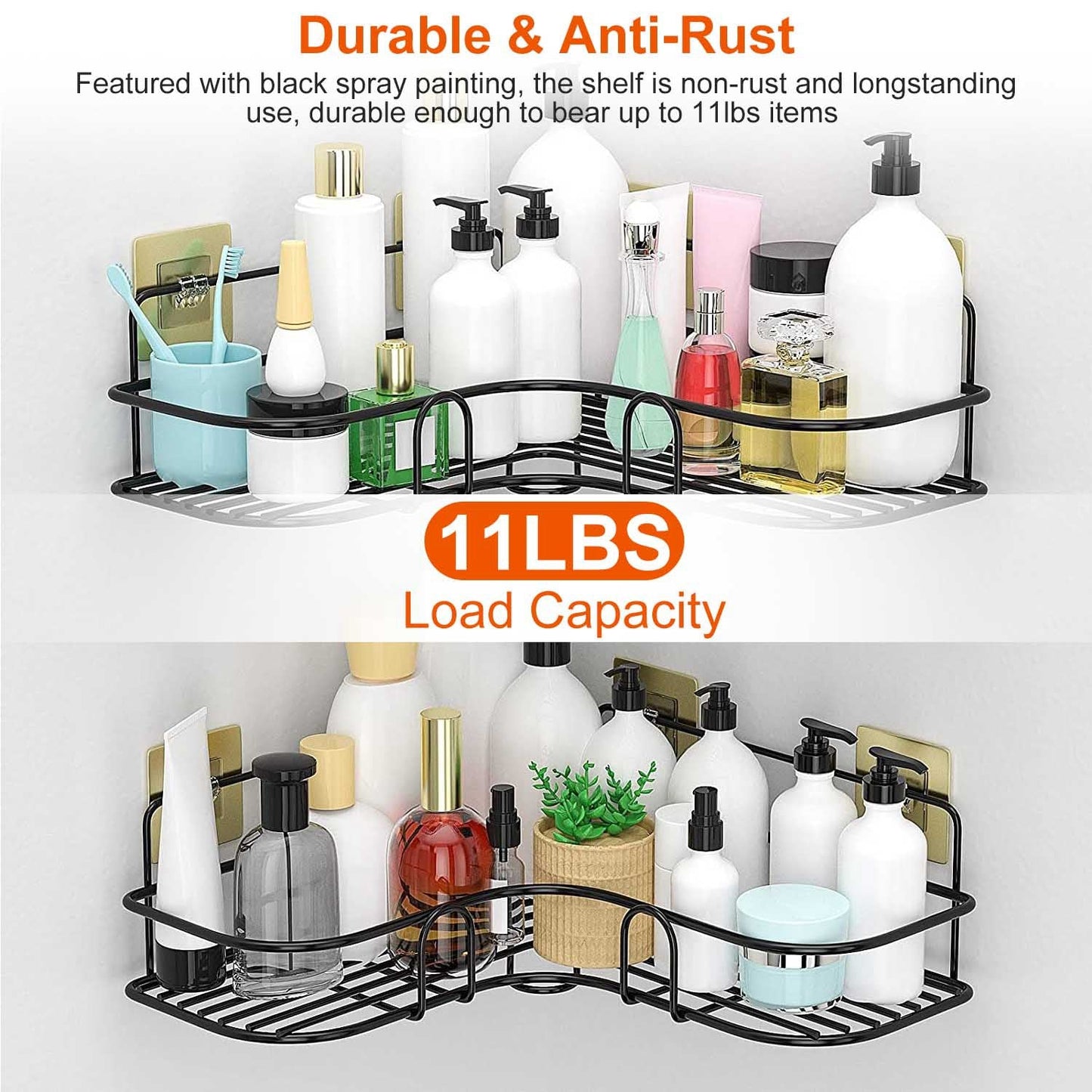 2Pcs Corner Shower Caddy Shelves Wall Mounted Basket Rack Bathroom Shampoo Holder Storage Organizer W/ 8Pcs Adhesive Hooks For Toilet Dorm Kitchen
