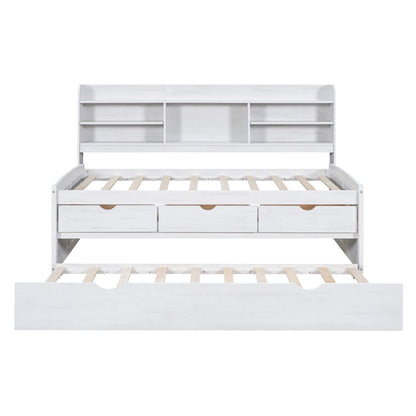 Captain Bed With Built In Bookshelves, 3 Storage Drawers, And Trundle