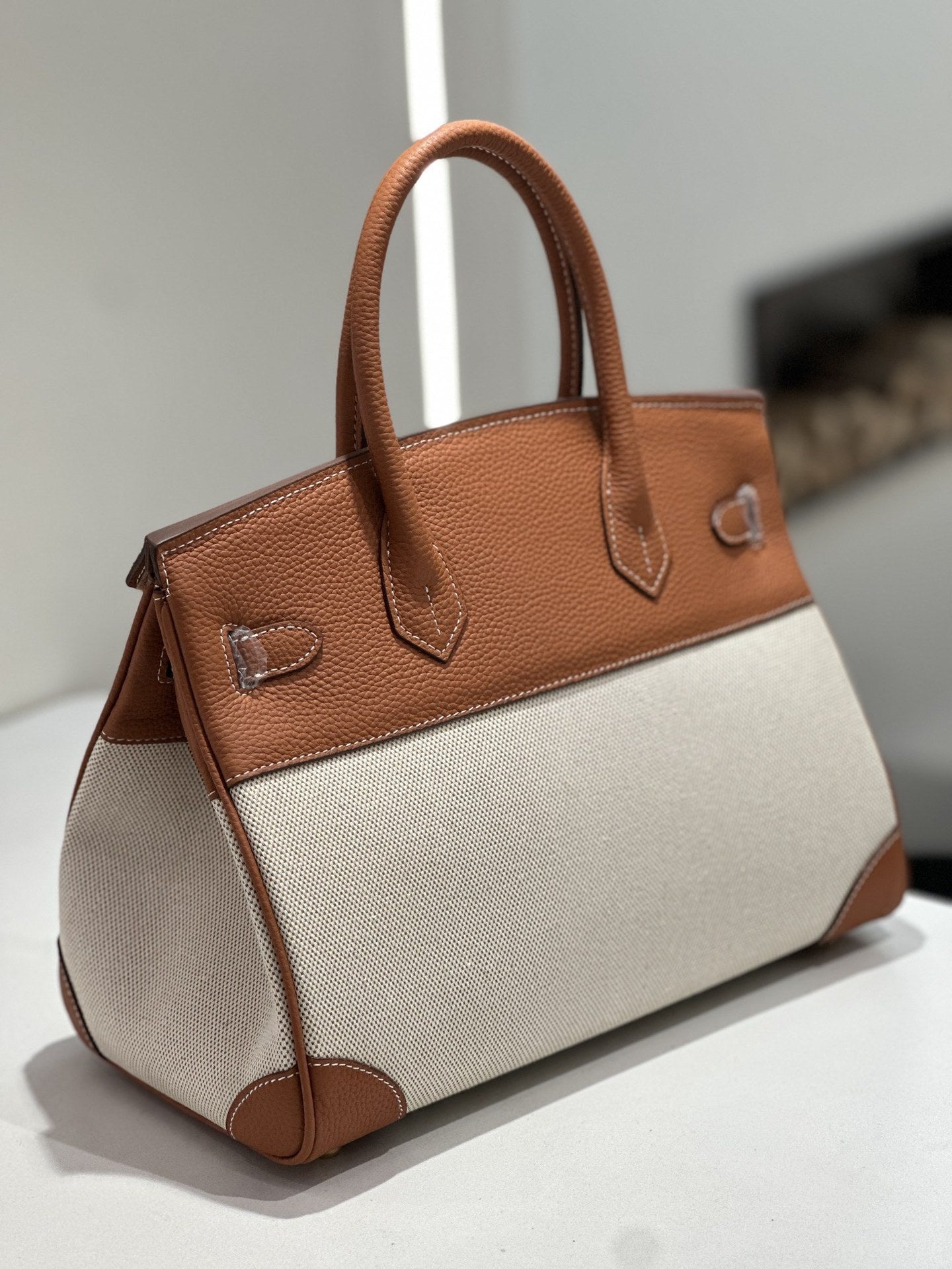 New Cross-border Genuine Leather Birkin Bag, Cowhide With Fabric Large Tote, Commuter Handbag With A High-end Kelly Bag Feel