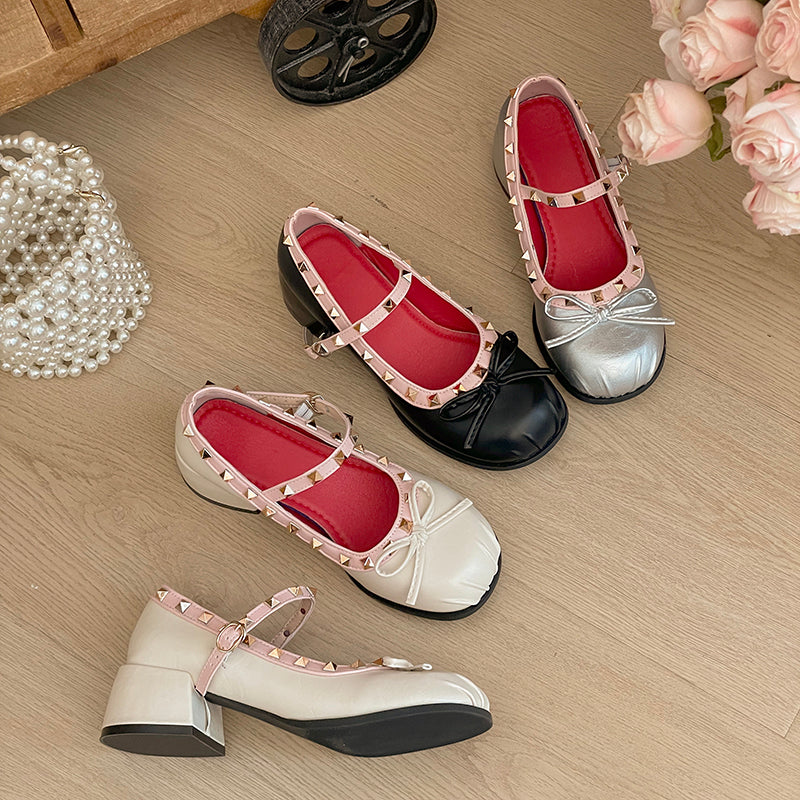 French Ballet Single Shoes Women's Summer 2026 New Style Shallow Bow Fold Rivet Mary Jane Women's Shoes