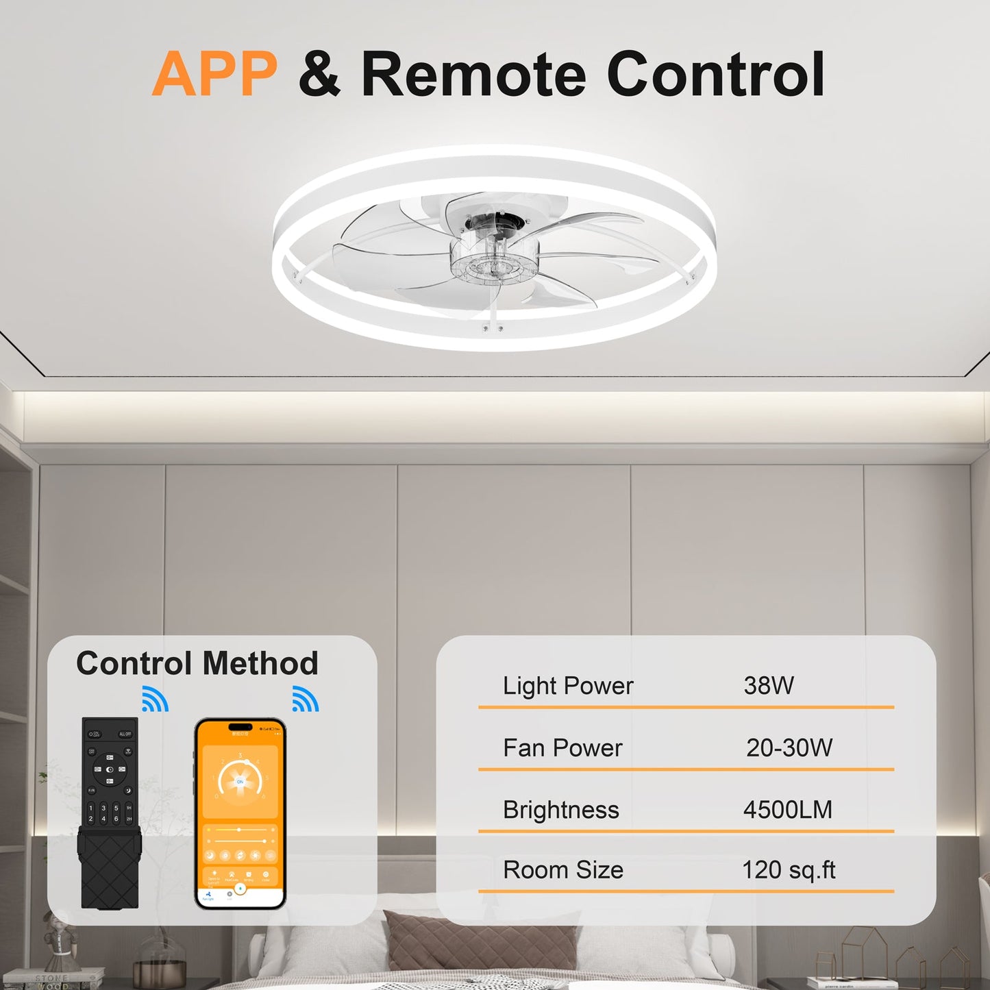 23.6 Inch Ceiling Fan with Light, Quiet DC Motor, Dimmable 3-Color LED