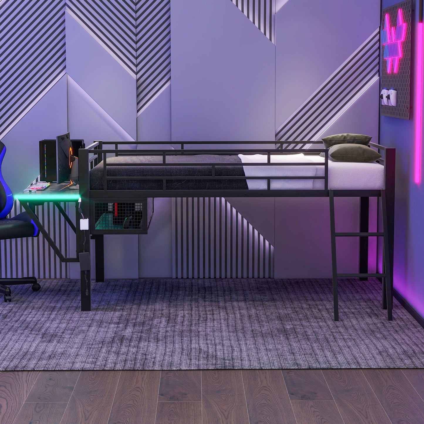 Modern Gaming Mid Loft Bed With Desk And LED Lights