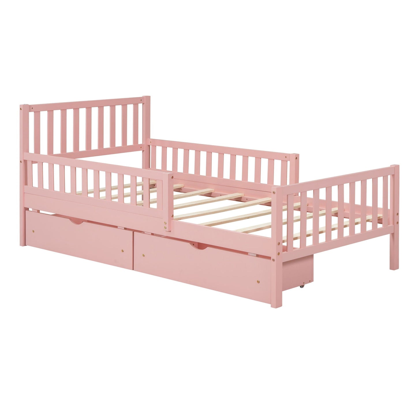 Platform Bed With Guardrails On Both Sides And 2 Storage Drawers