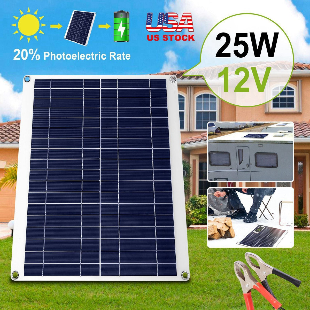 Outdoor Solar Panel 12V 25W Car Battery Charger IP68 Waterproof w/ 3.0A Dual USB Charging Clip Line For RV Car Boat